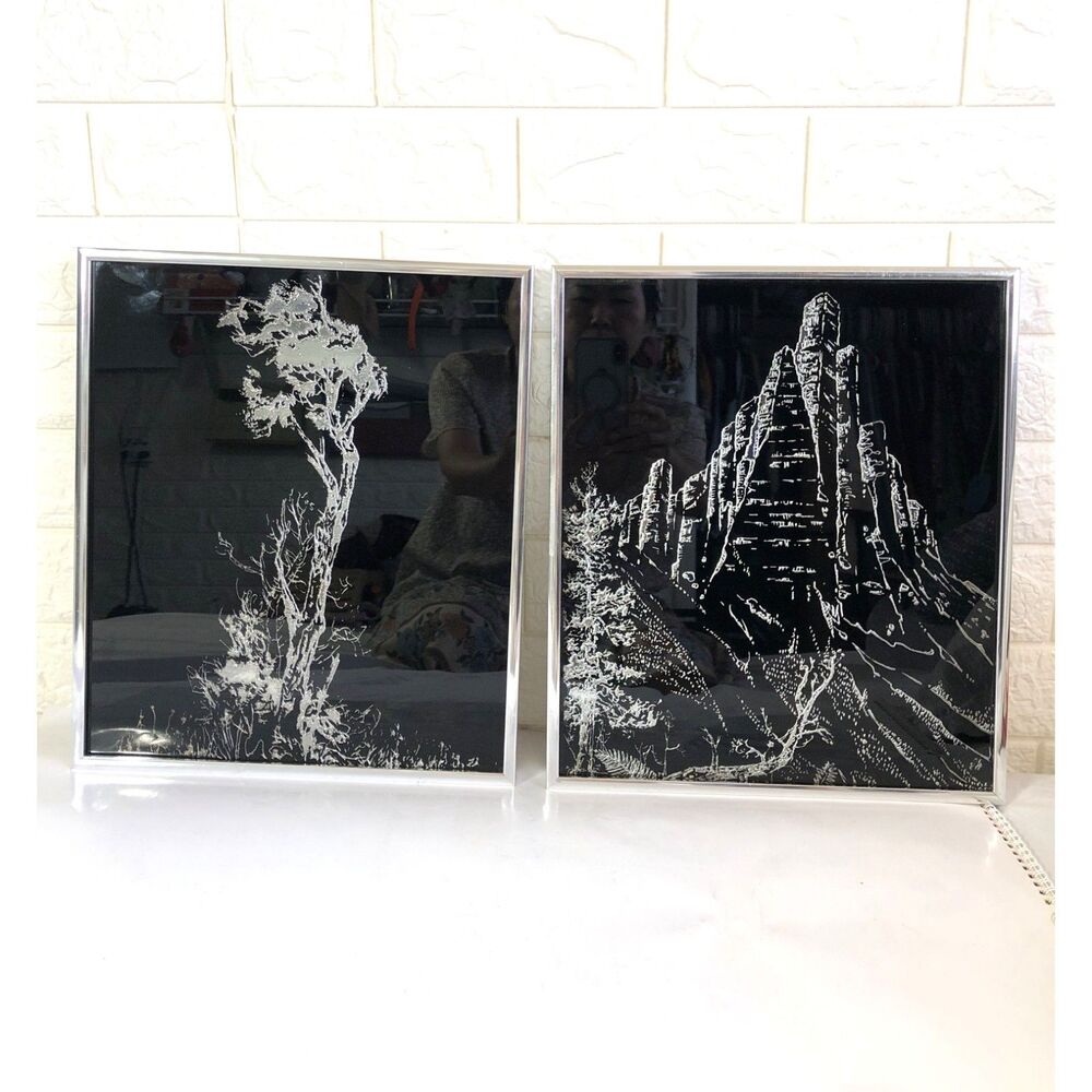 Pair Vintage 70s Silver Foil Etched Landscape Wall Art Framed Mountain Tree MCM